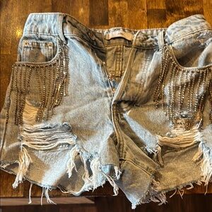Women's Distressed Denim Shorts with Fringe